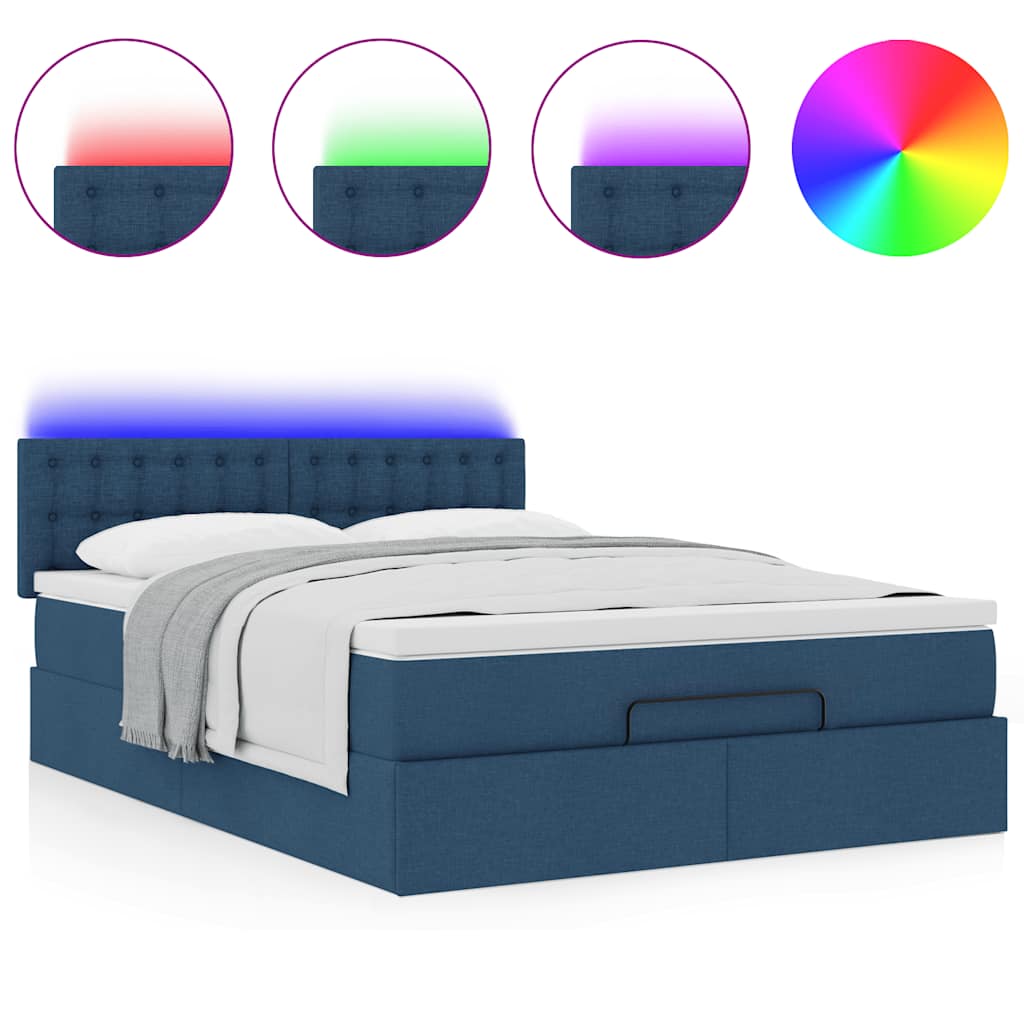 vidaXL Οθωμανικό κρεβάτι με στρώμα & LEDs Μπλε 140x200cm ύφασμα