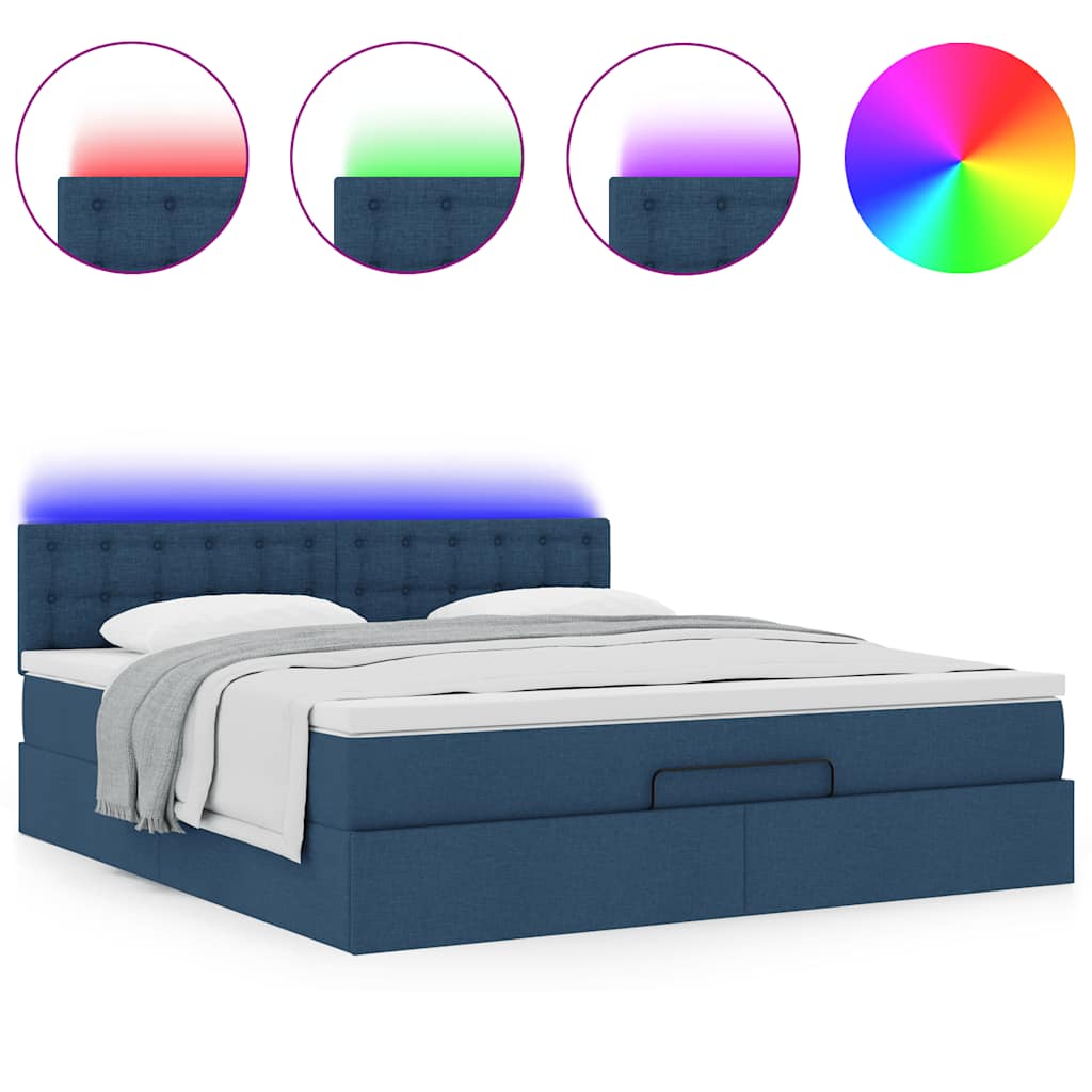 vidaXL Οθωμανικό κρεβάτι με στρώμα & LEDs Μπλε 180x200cm ύφασμα