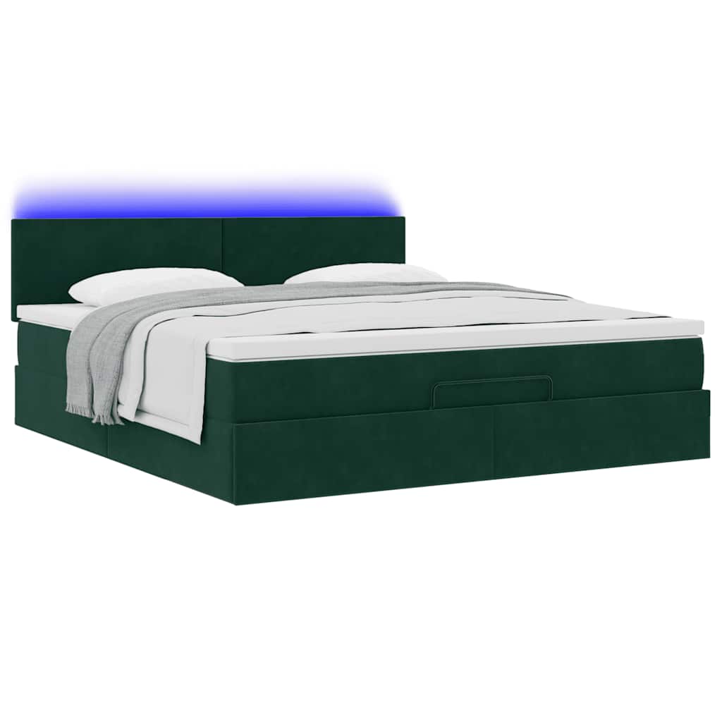 vidaXL Οθωμανικό κρεβάτι με στρώμα & LEDs Dark Green 160x200cm Velvet