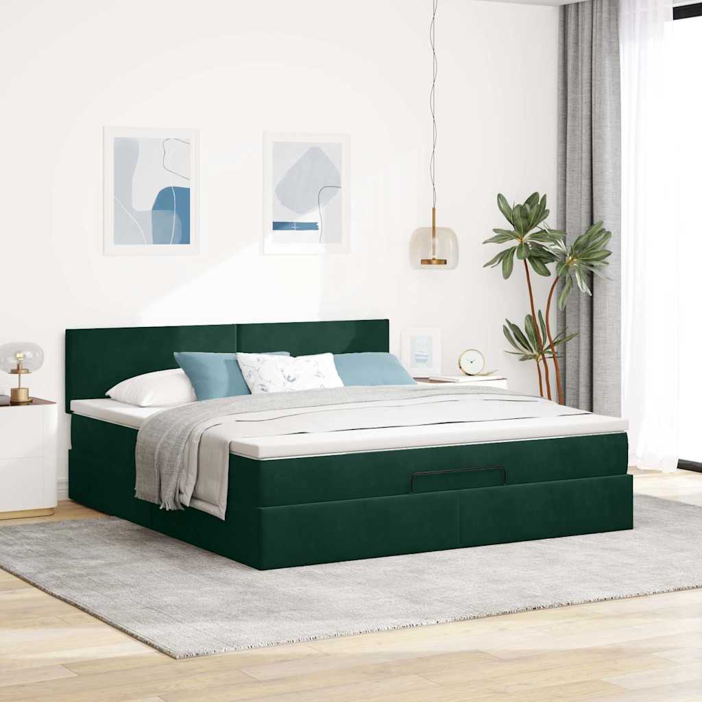 vidaXL Οθωμανικό κρεβάτι με στρώμα & LEDs Dark Green 160x200cm Velvet