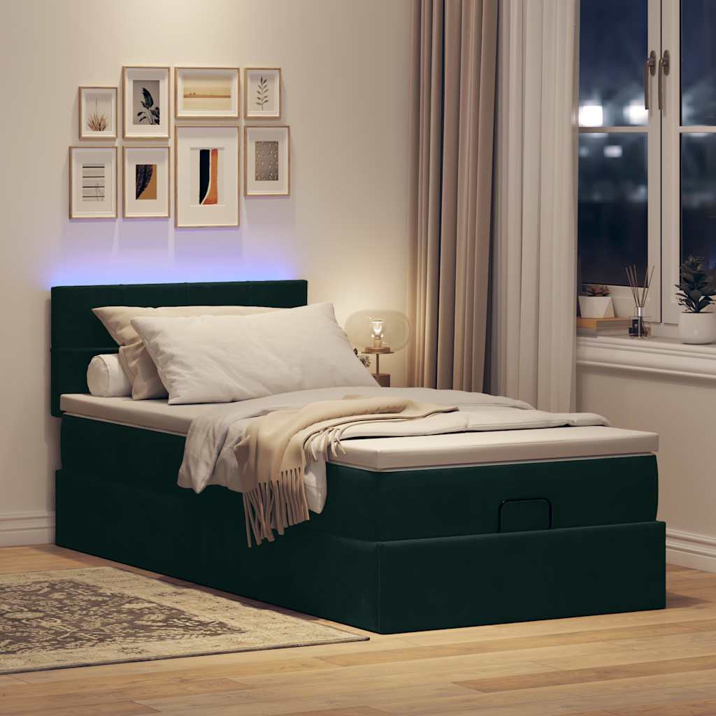 vidaXL Οθωμανικό κρεβάτι με στρώμα & LEDs Dark Green 80x200cm Velvet