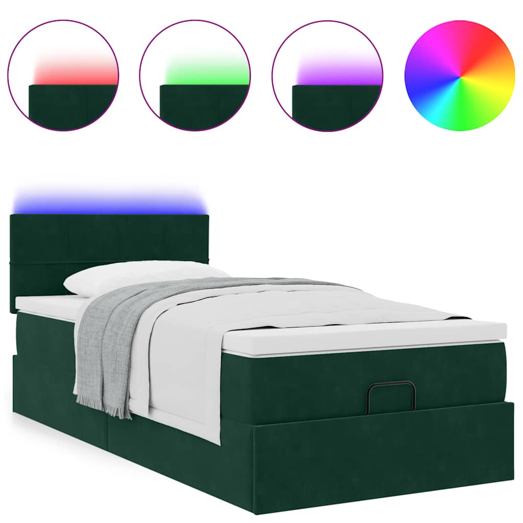 vidaXL Οθωμανικό κρεβάτι με στρώμα & LEDs Dark Green 80x200cm Velvet