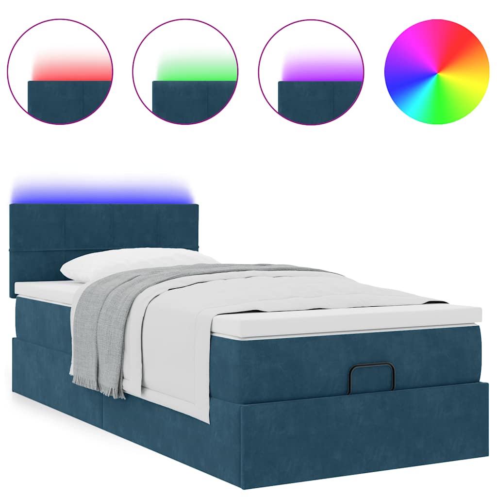vidaXL Οθωμανικό κρεβάτι με στρώμα & LEDs Σκούρο μπλε 80x200cm Βελούδο