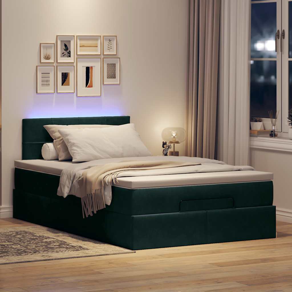 vidaXL Οθωμανικό κρεβάτι με στρώμα & LEDs Dark Green 120x190cm Velvet