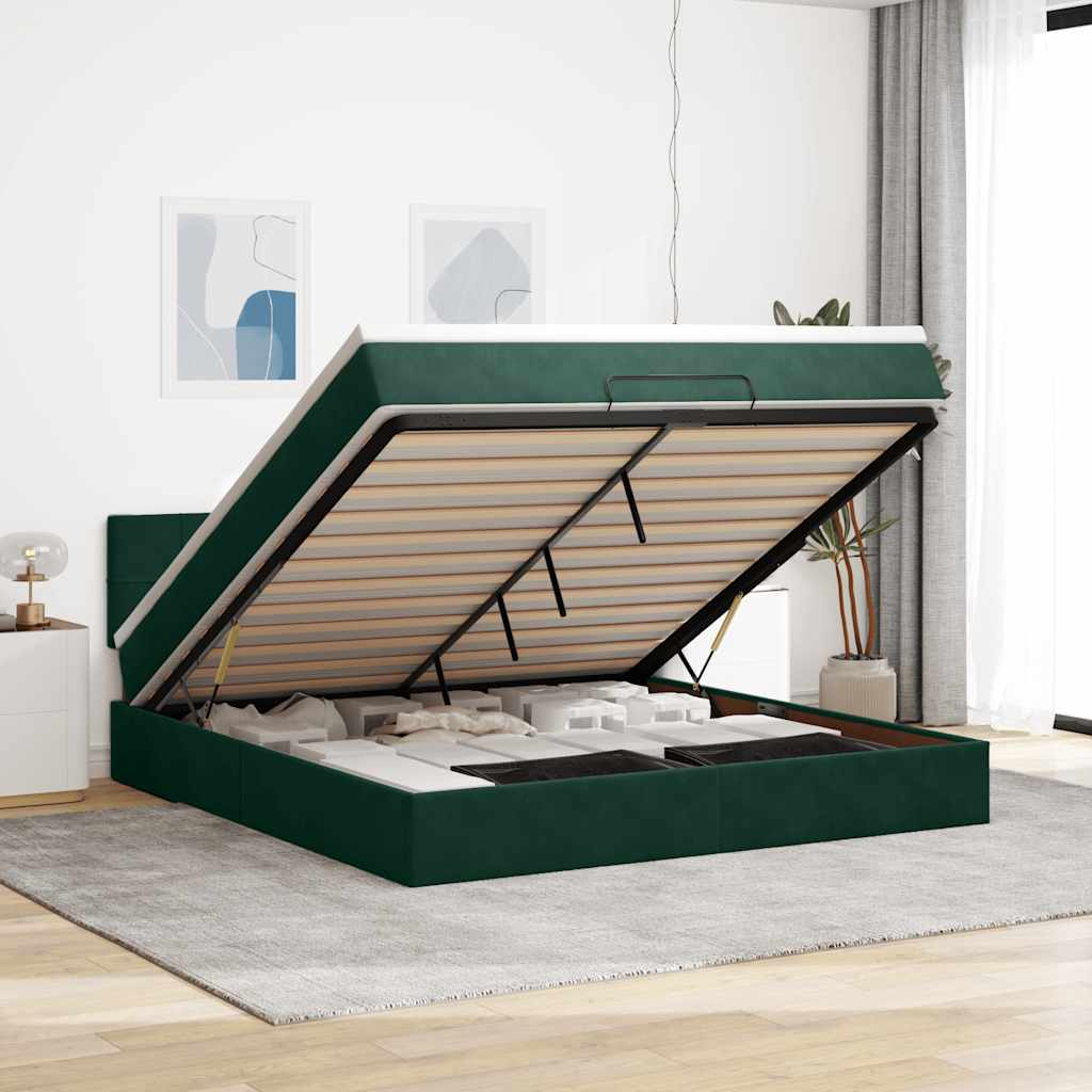 vidaXL Οθωμανικό κρεβάτι με στρώμα & LEDs Dark Green 160x200cm Velvet