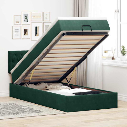 vidaXL Οθωμανικό κρεβάτι με στρώμα & LEDs Dark Green 80x200cm Velvet