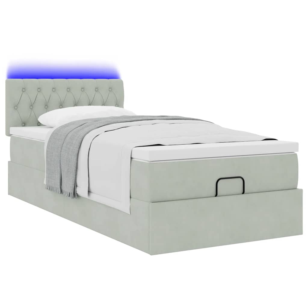 vidaXL Οθωμανικό κρεβάτι με στρώμα&LEDs Ανοιχτό γκρι 90x190cm Βελούδο
