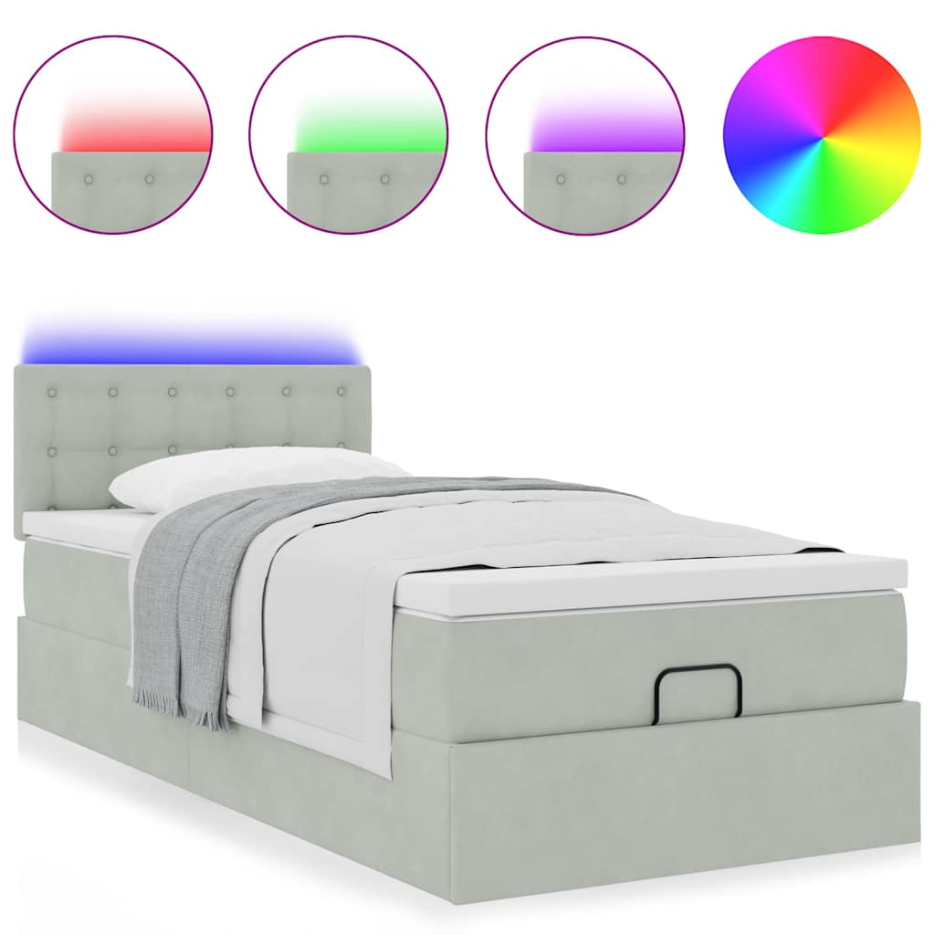 vidaXL Οθωμανικό κρεβάτι με στρώμα&LEDs Ανοιχτό γκρι 90x190cm Βελούδο