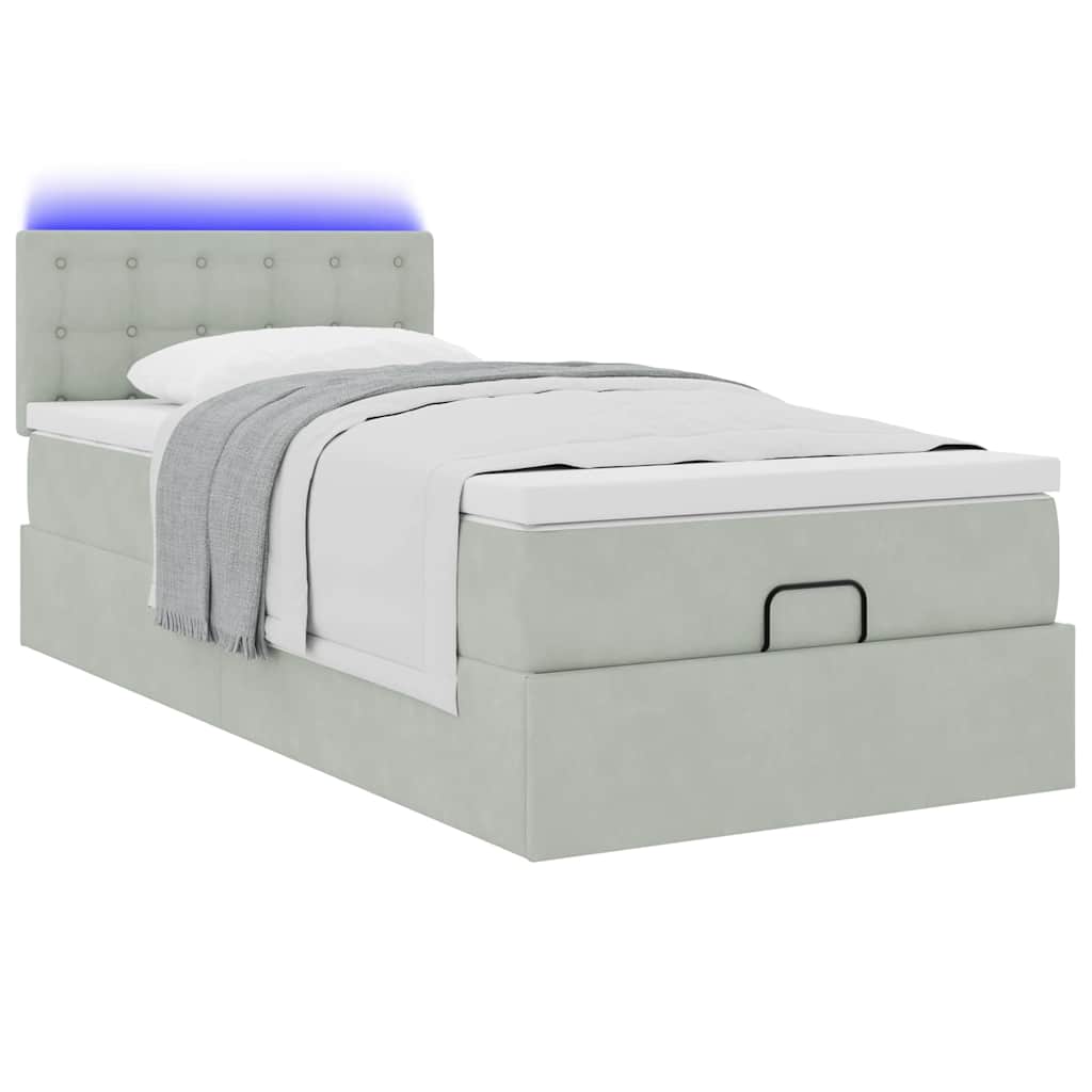 vidaXL Οθωμανικό κρεβάτι με στρώμα&LEDs Ανοιχτό γκρι 90x190cm Βελούδο