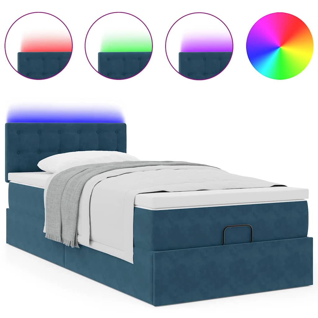 vidaXL Οθωμανικό κρεβάτι με στρώμα&LEDs Σκούρο μπλε 100x200cm Βελούδο