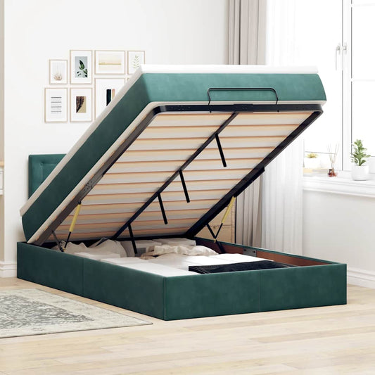 vidaXL Οθωμανικό κρεβάτι με στρώμα & LEDs Dark Green 120x190cm Velvet
