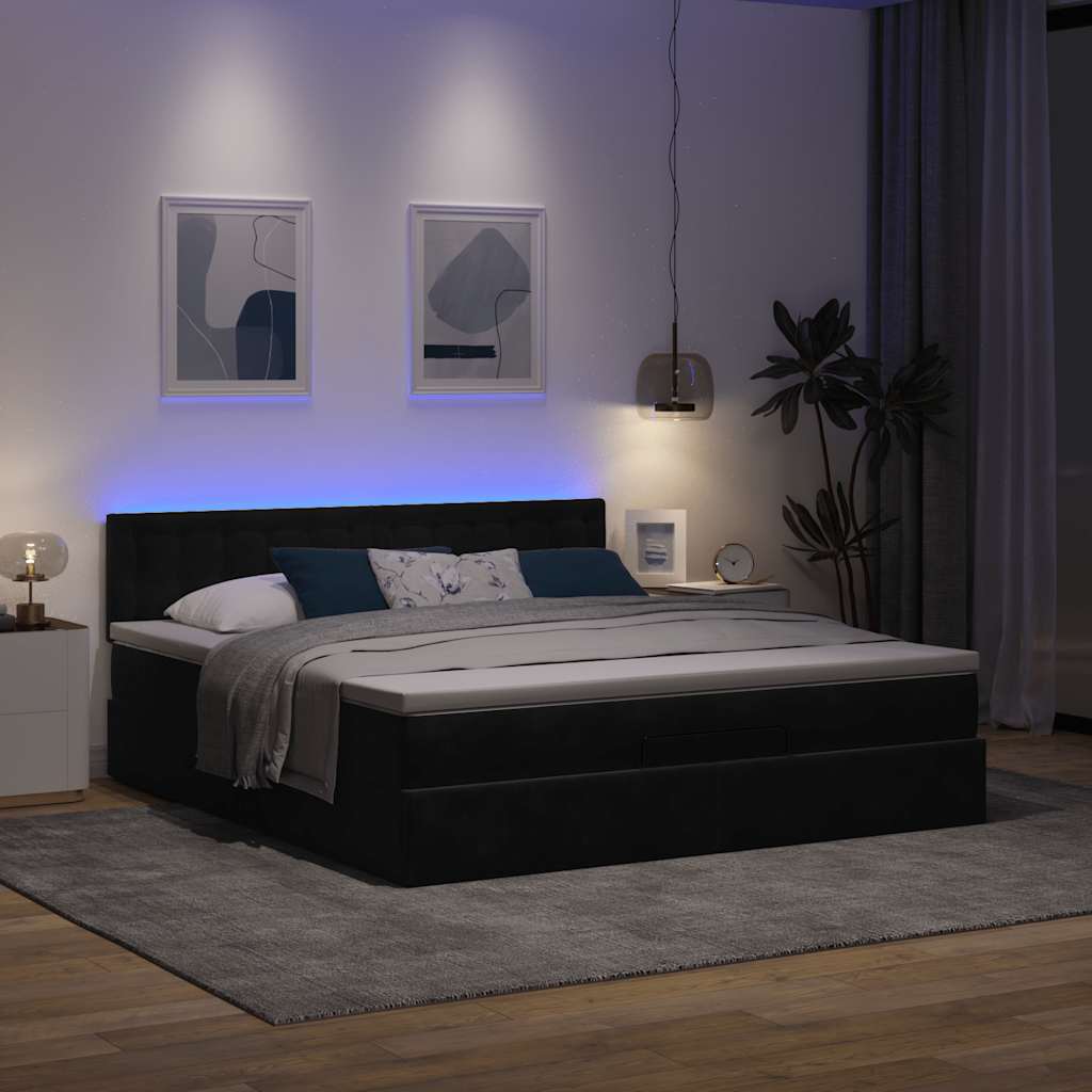 vidaXL Οθωμανικό κρεβάτι με στρώμα & LEDs Μαύρο 160x200cm Velvet