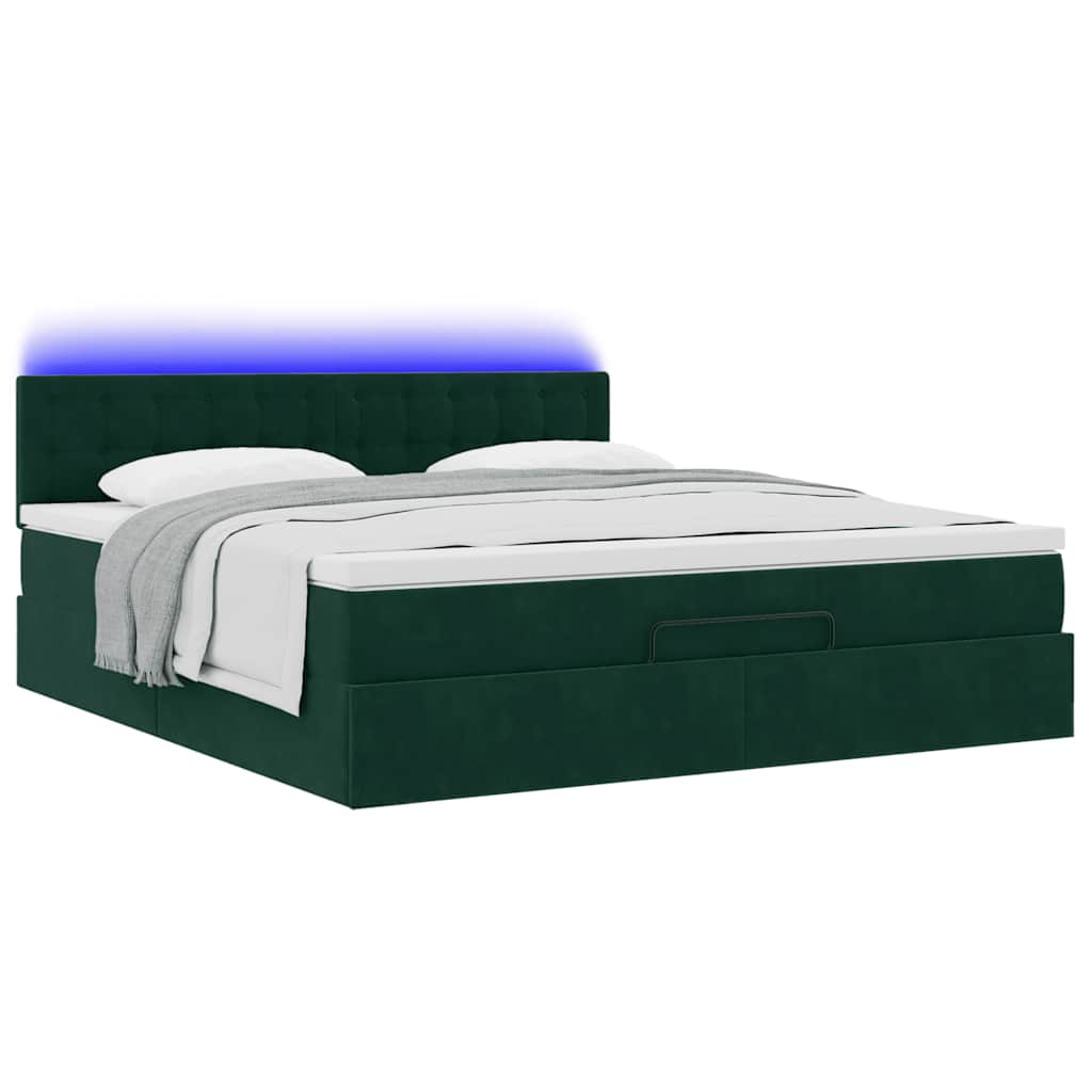 vidaXL Οθωμανικό κρεβάτι με στρώμα & LEDs Dark Green 160x200cm Velvet