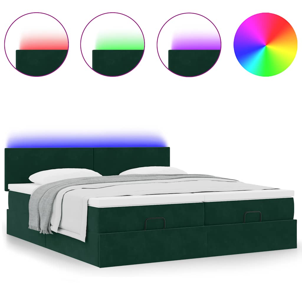 vidaXL Οθωμανικό κρεβάτι με στρώμα & LEDs Dark Green 180x200cm Velvet