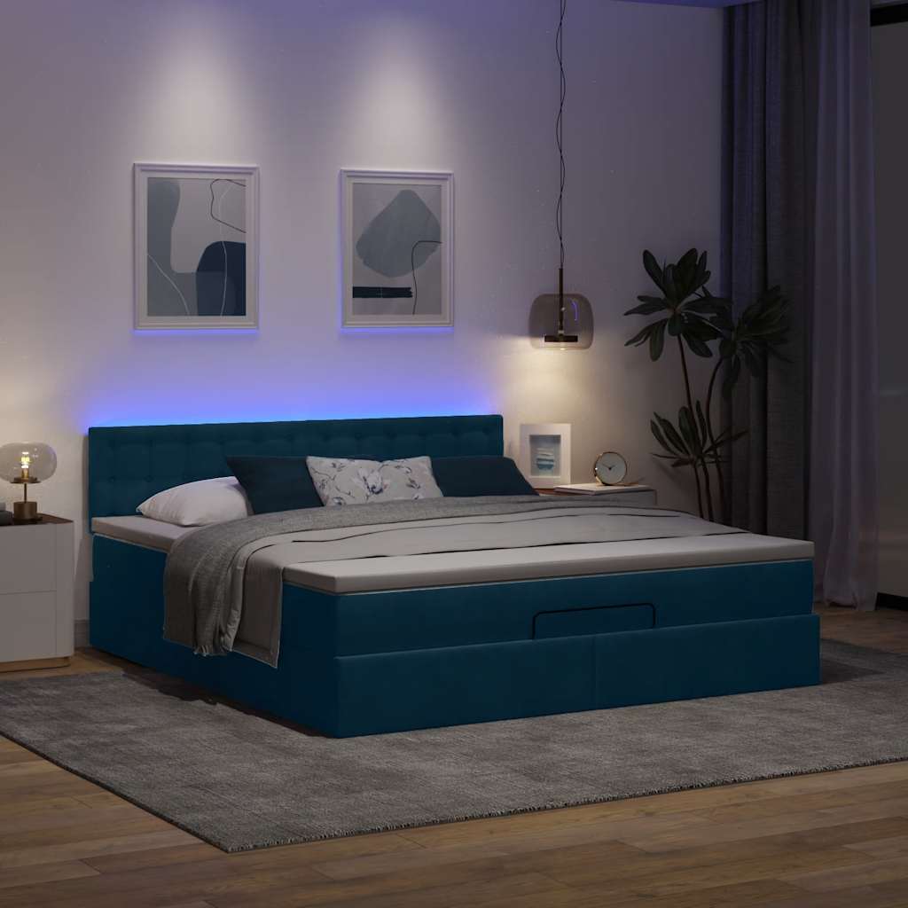 vidaXL Οθωμανικό κρεβάτι με στρώμα & LEDs Σκούρο μπλε 180x200cm Velvet