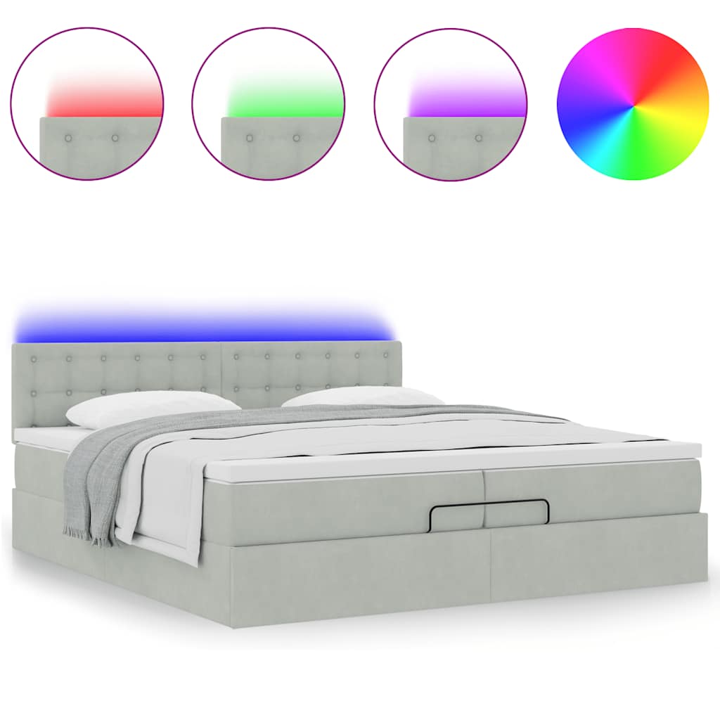 vidaXL Οθωμανικό κρεβάτι με στρώματα & LEDs Ανοιχτό γκρι Βελούδο