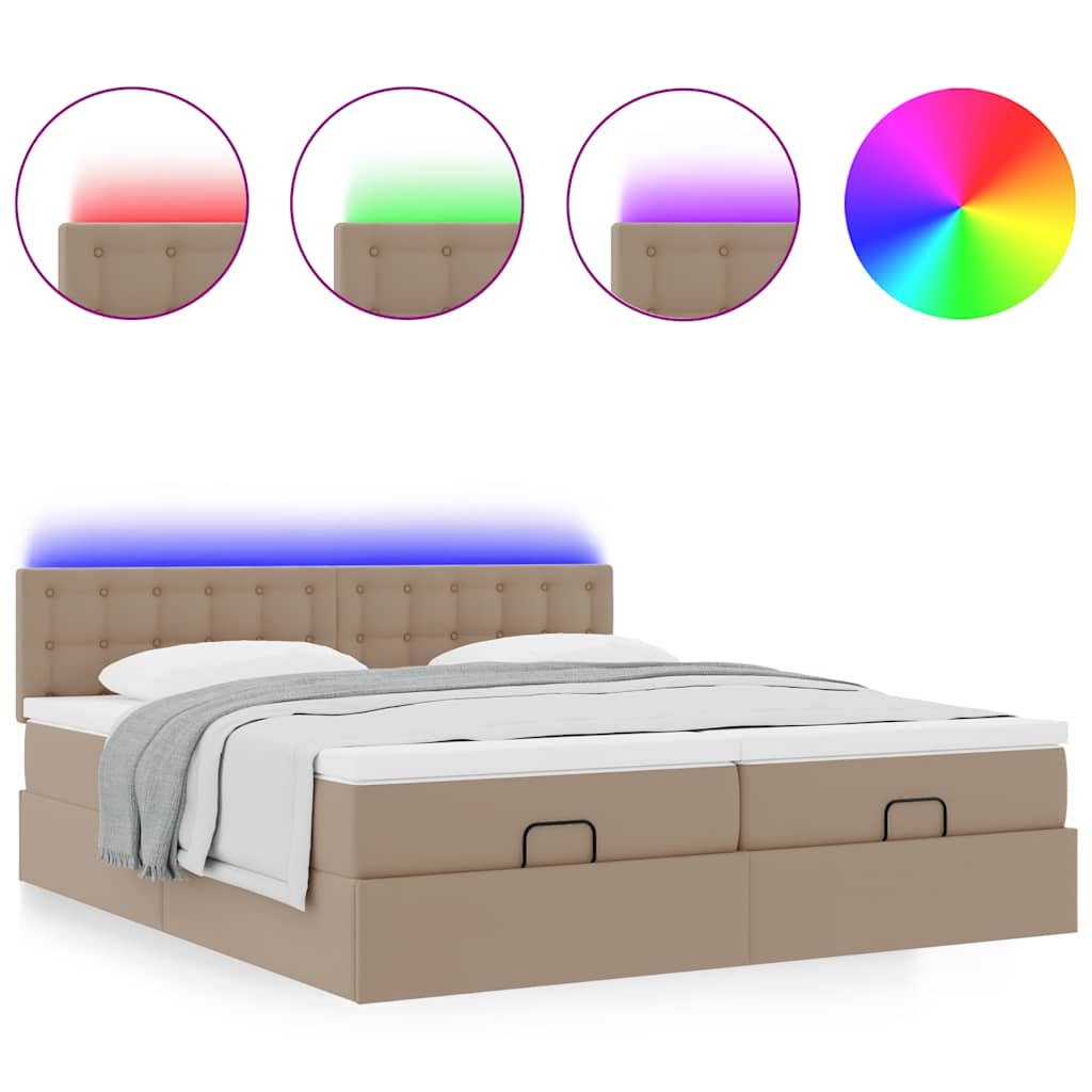 vidaXL Οθωμανικό κρεβάτι με στρώματα & LEDs Cappucino Faux Leather
