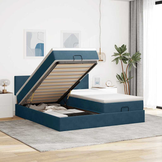 vidaXL Οθωμανικό κρεβάτι με στρώματα & LEDs Σκούρο μπλε Βελούδο