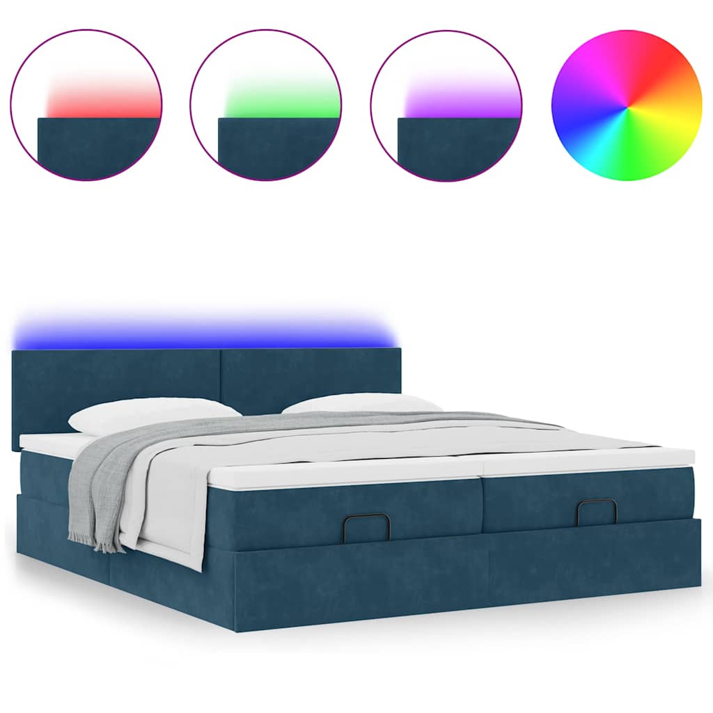 vidaXL Οθωμανικό κρεβάτι με στρώματα & LEDs Σκούρο μπλε Βελούδο