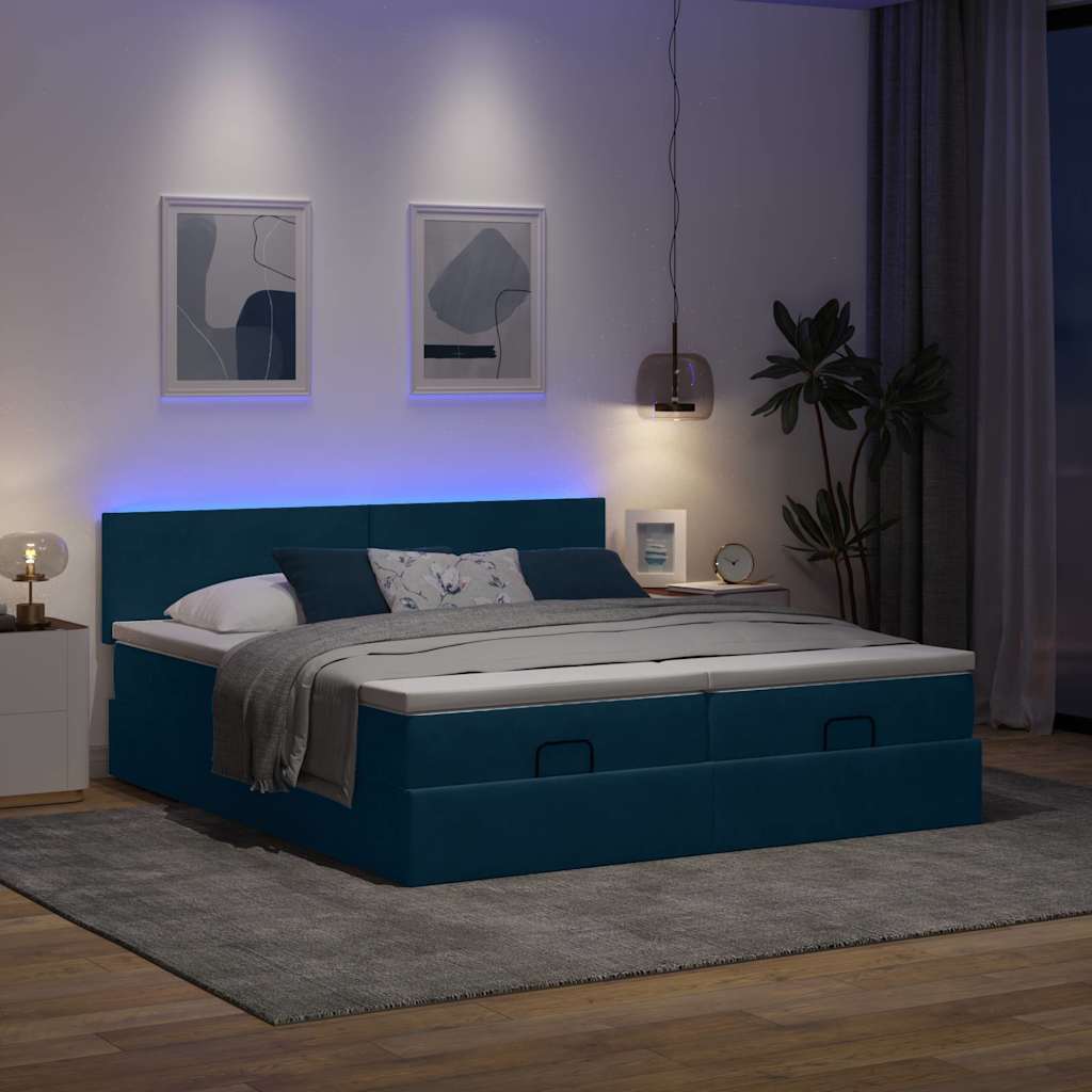 vidaXL Οθωμανικό κρεβάτι με στρώματα & LEDs Σκούρο μπλε Βελούδο