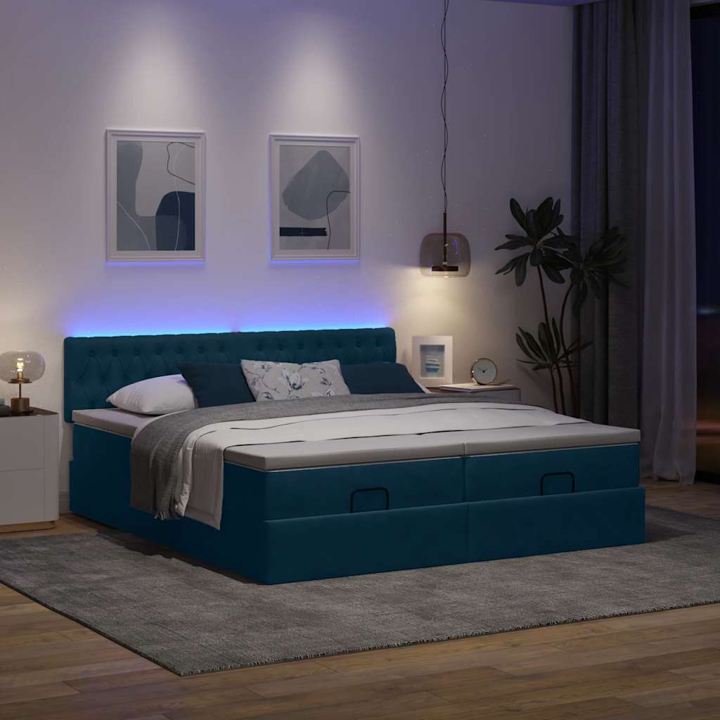 vidaXL Οθωμανικό κρεβάτι με στρώματα & LEDs Σκούρο μπλε Βελούδο
