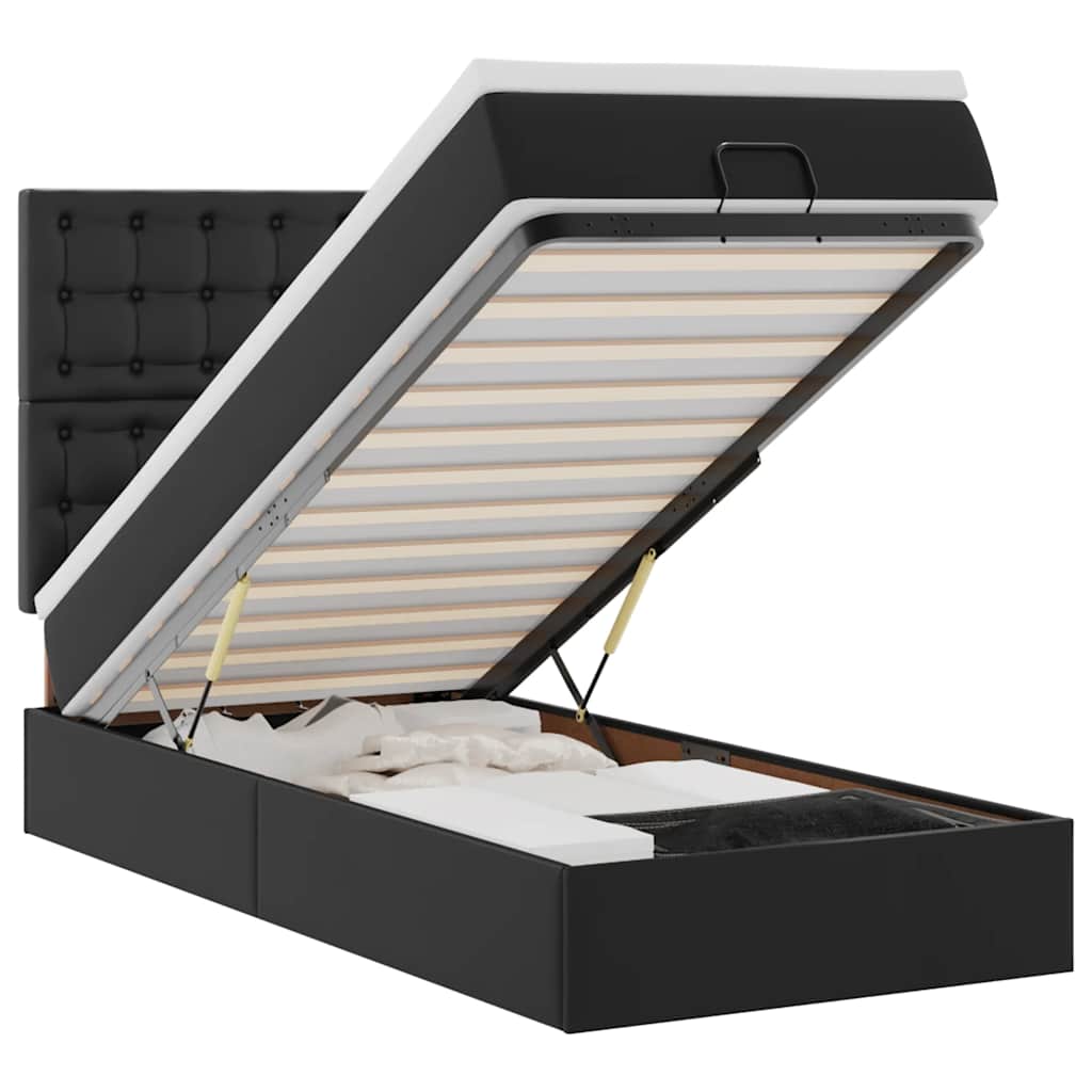 vidaXL Οθωμανικό κρεβάτι με στρώμα & LEDs Μαύρο Συνθετικό δέρμα