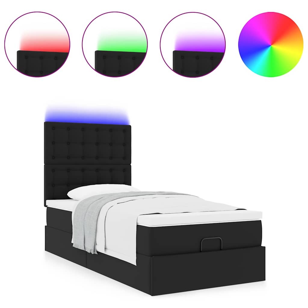 vidaXL Οθωμανικό κρεβάτι με στρώμα & LEDs Μαύρο Συνθετικό δέρμα