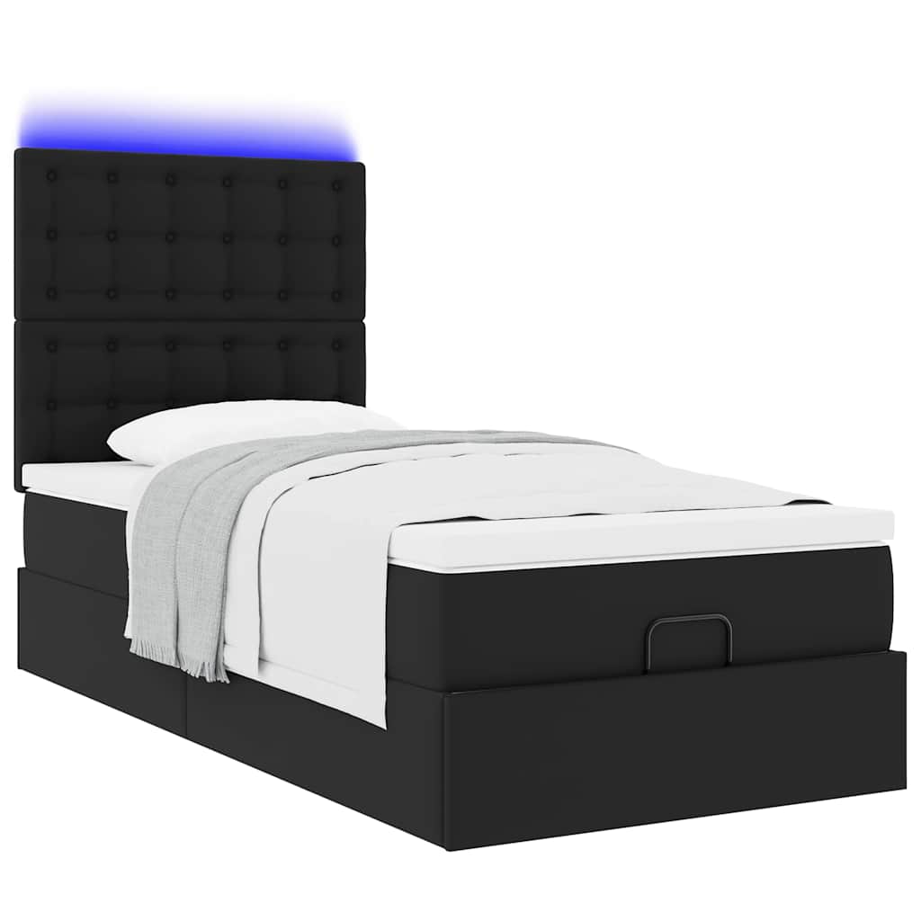 vidaXL Οθωμανικό κρεβάτι με στρώμα & LEDs Μαύρο Συνθετικό δέρμα