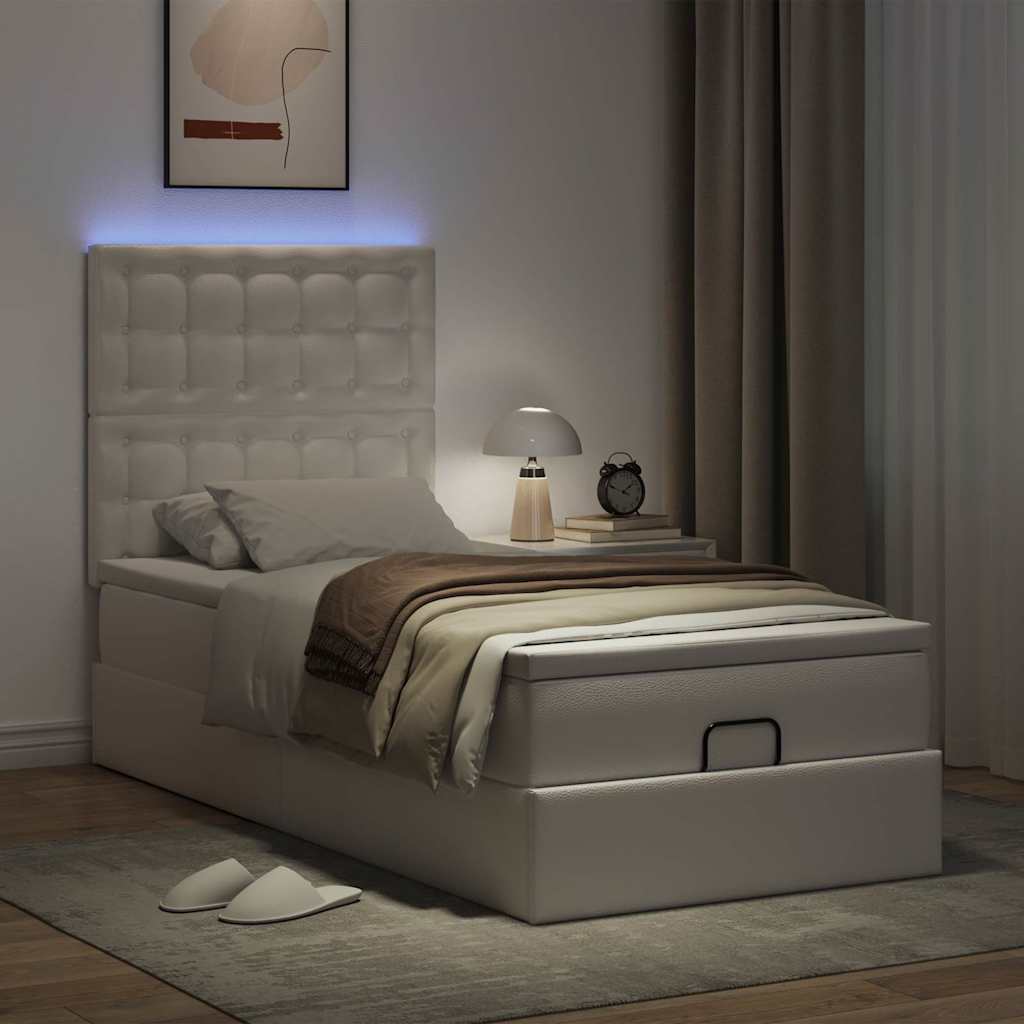 vidaXL Οθωμανικό κρεβάτι με στρώμα & LEDs Λευκό 90x190cm Faux Leather