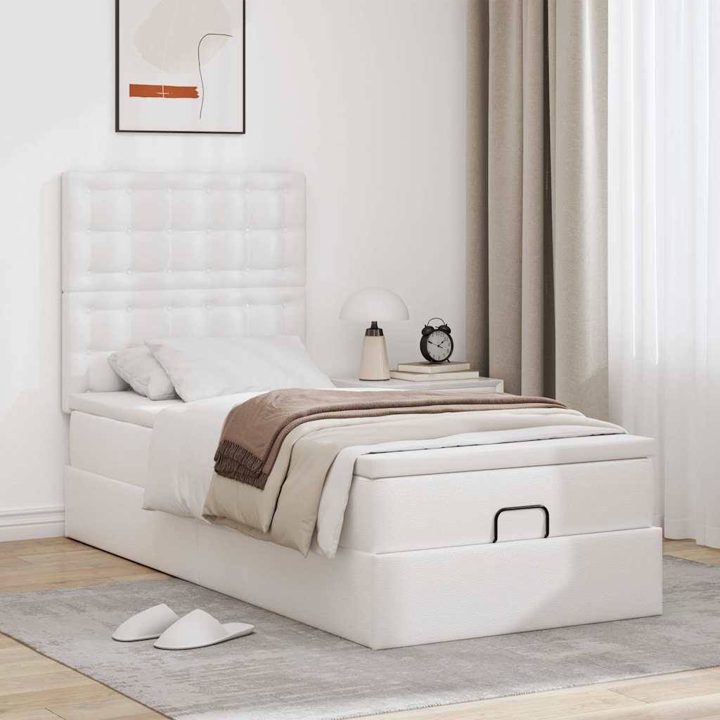 vidaXL Οθωμανικό κρεβάτι με στρώμα & LEDs Λευκό 90x190cm Faux Leather