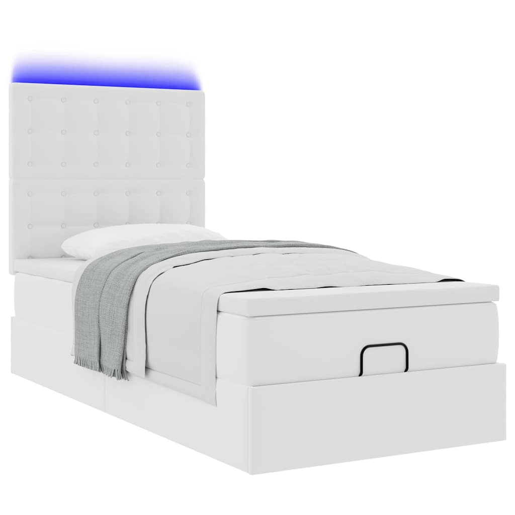vidaXL Οθωμανικό κρεβάτι με στρώμα & LEDs Λευκό 90x190cm Faux Leather