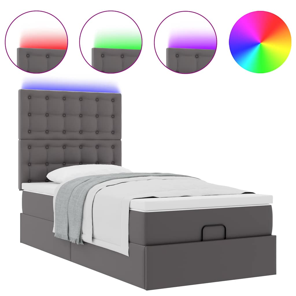 vidaXL Οθωμανικό κρεβάτι με στρώμα & LEDs Grey 90x190cm Faux Leather