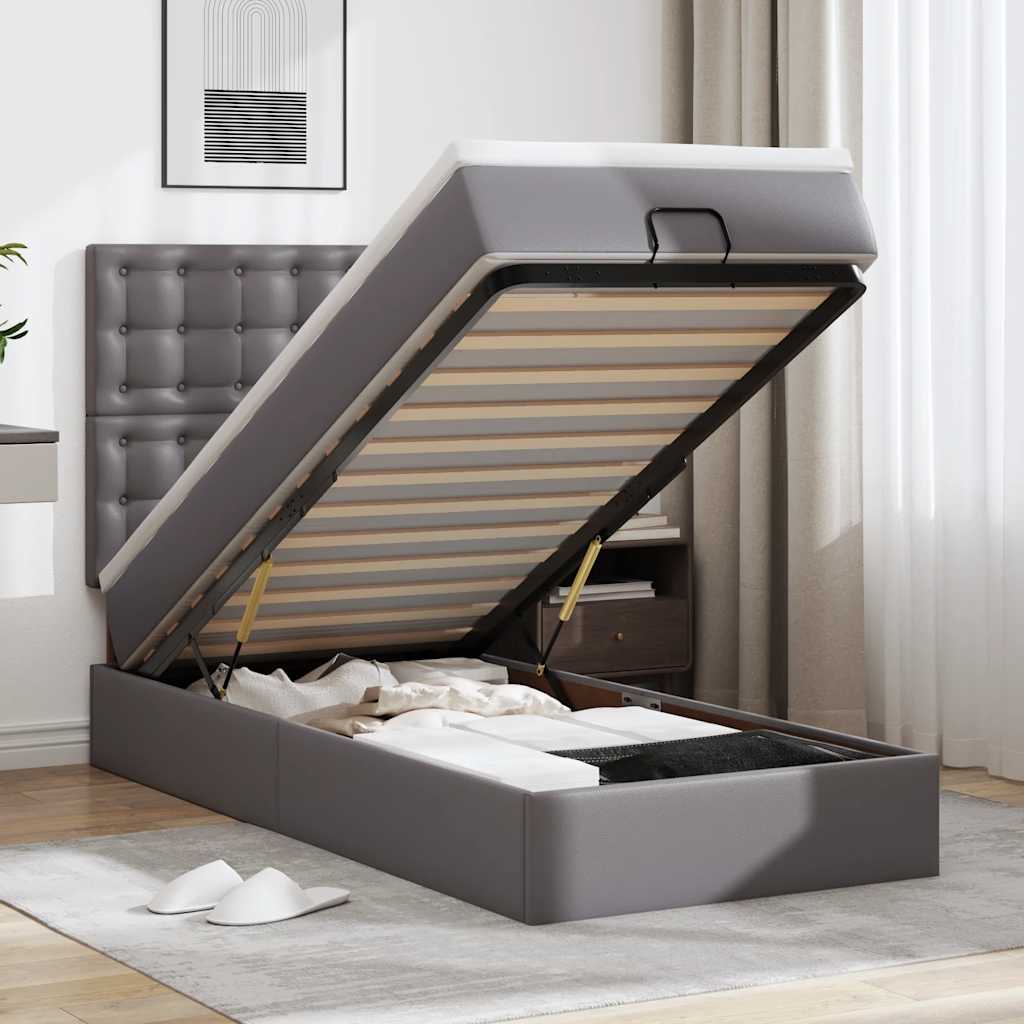 vidaXL Οθωμανικό κρεβάτι με στρώμα & LEDs Grey 90x190cm Faux Leather