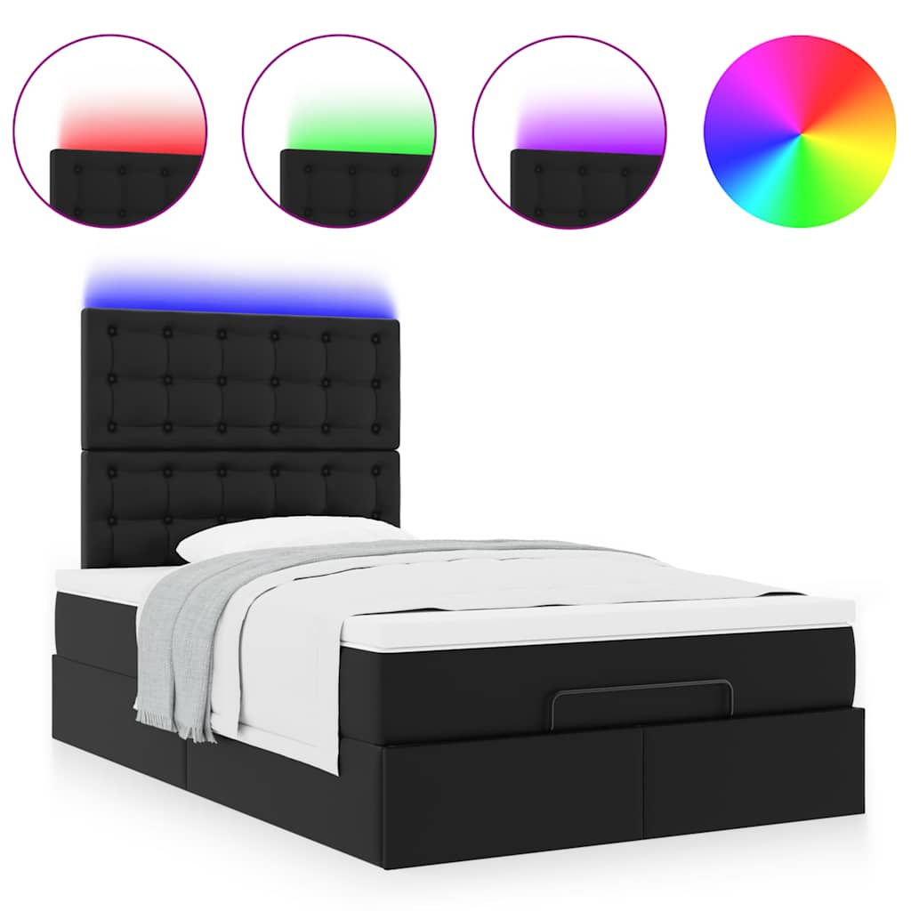 vidaXL Οθωμανικό κρεβάτι με στρώμα & LEDs Μαύρο 120x190cm Faux Leather