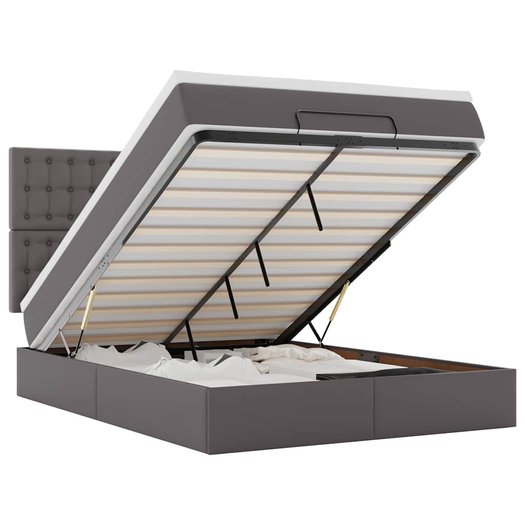 vidaXL Οθωμανικό κρεβάτι με στρώμα & LEDs Γκρί Συνθετικό δέρμα