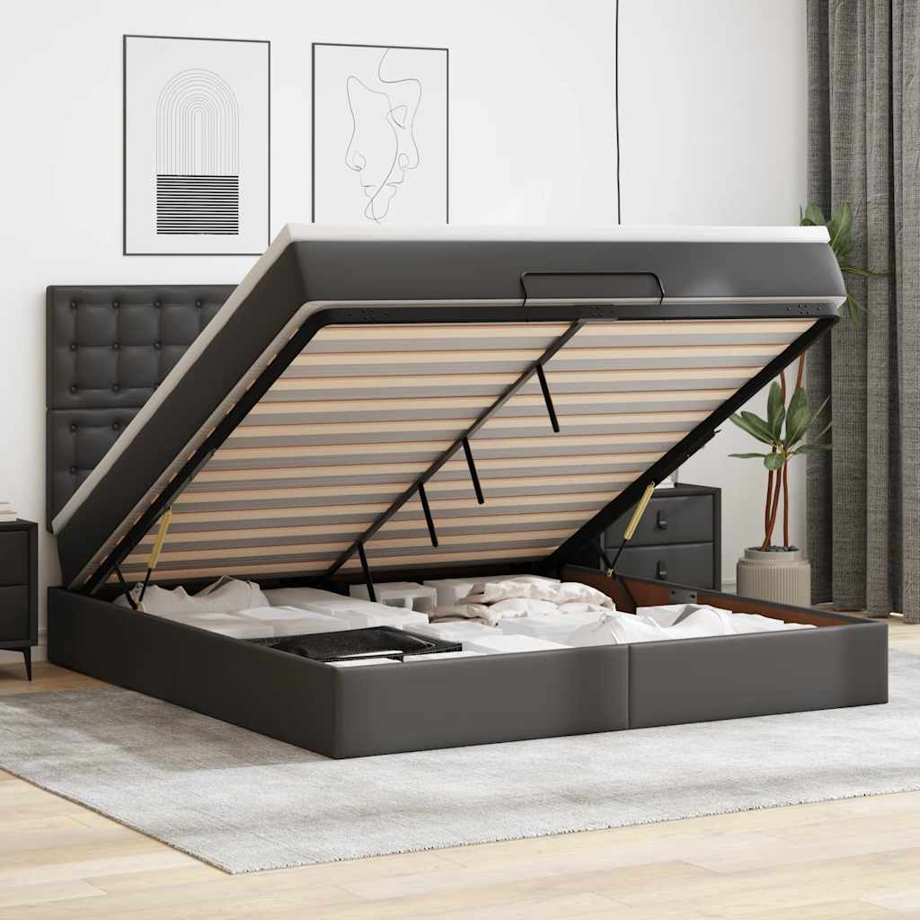 vidaXL Οθωμανικό κρεβάτι με στρώμα & LEDs Μαύρο 180x200cm Faux Leather