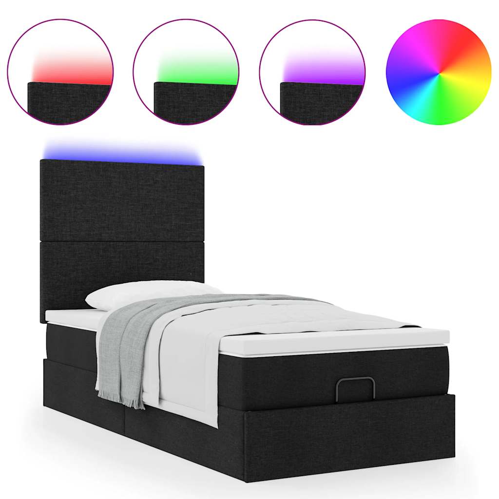 vidaXL Οθωμανικό κρεβάτι με στρώμα & LEDs Μαύρο ύφασμα 90x190cm