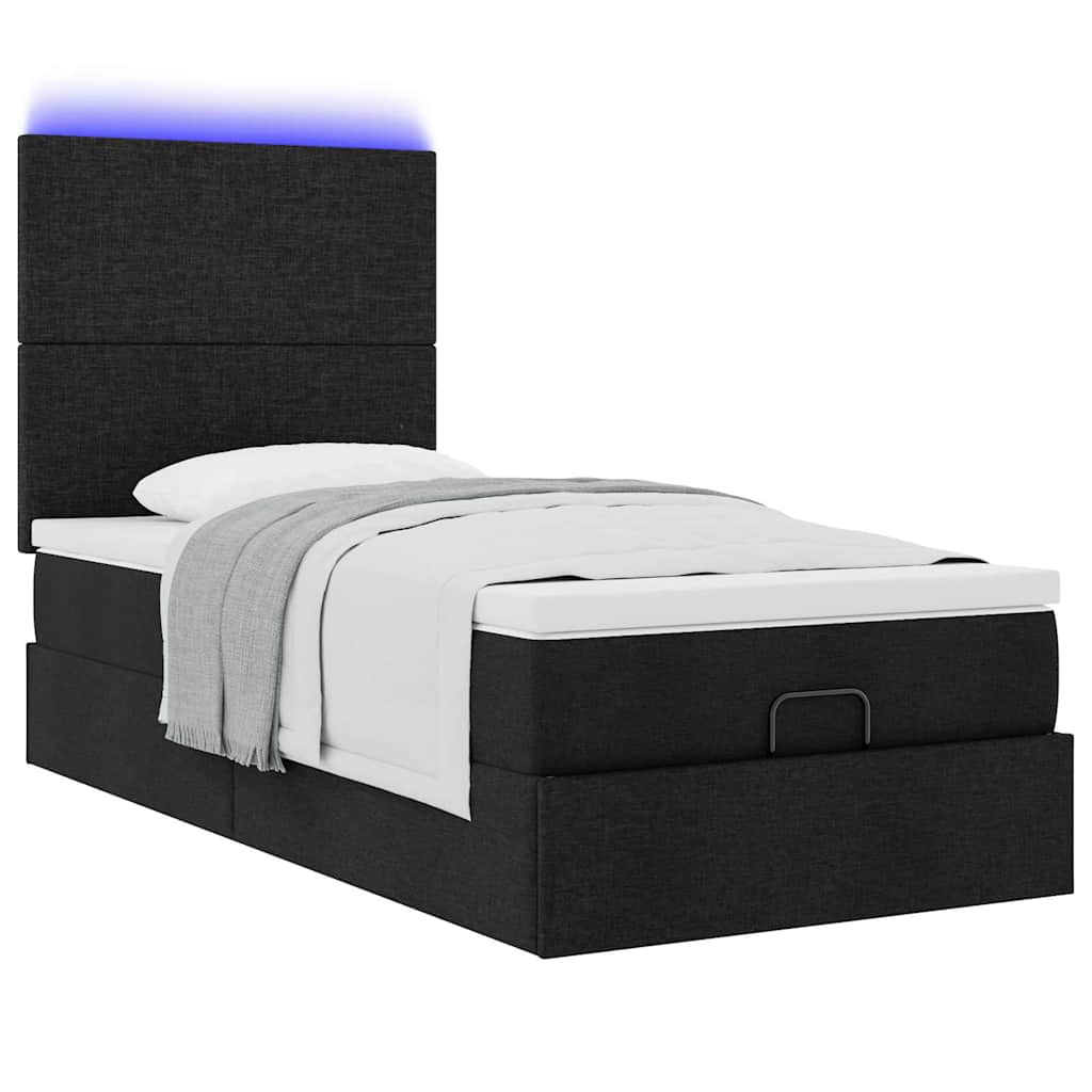 vidaXL Οθωμανικό κρεβάτι με στρώμα & LEDs Μαύρο ύφασμα 90x190cm