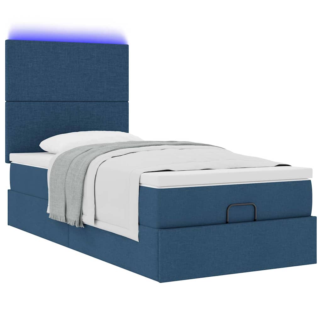 vidaXL Οθωμανικό κρεβάτι με στρώμα & LEDs Μπλε 90x200 cm Ύφασμα