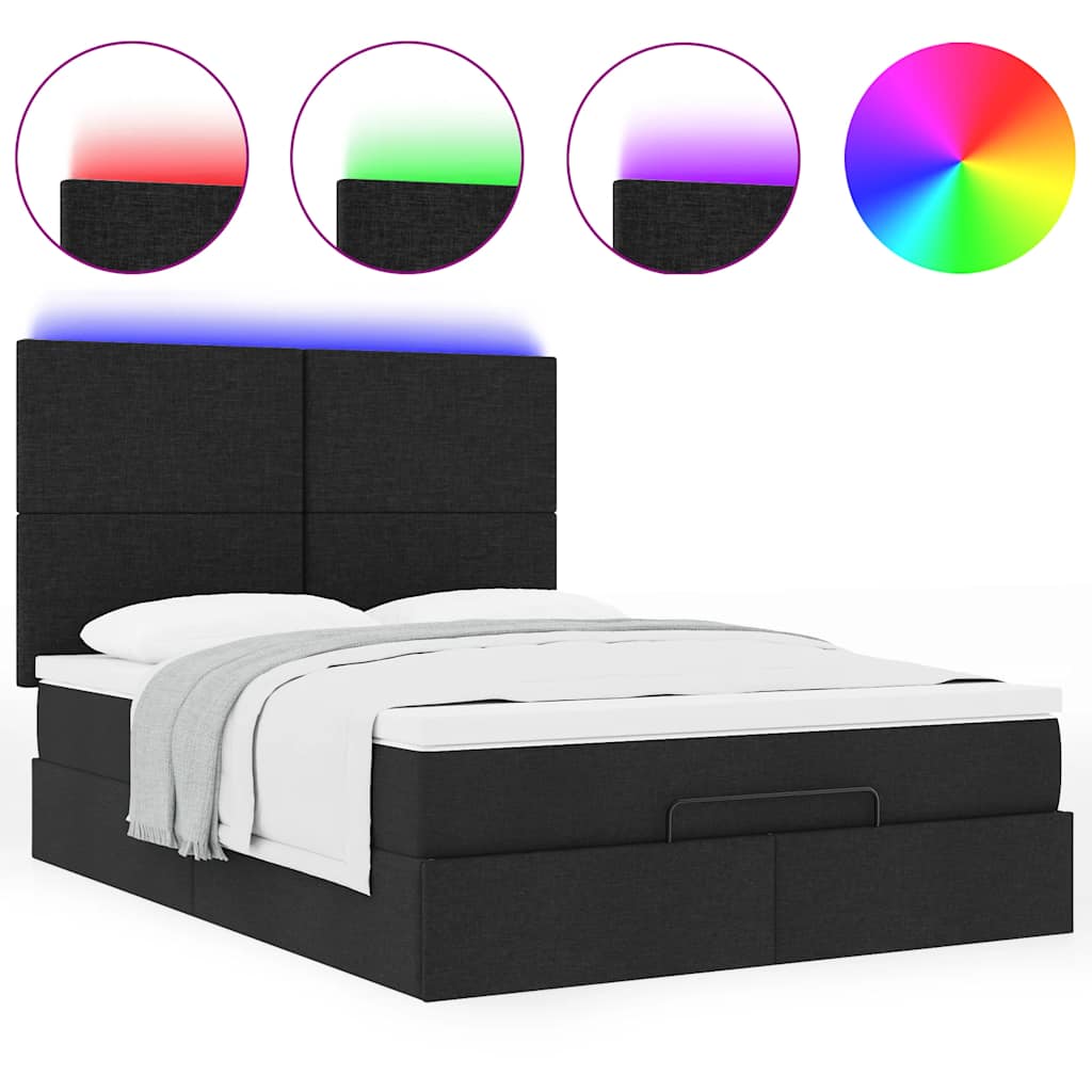 vidaXL Οθωμανικό κρεβάτι με στρώμα & LEDs Μαύρο 140x200 cm Ύφασμα