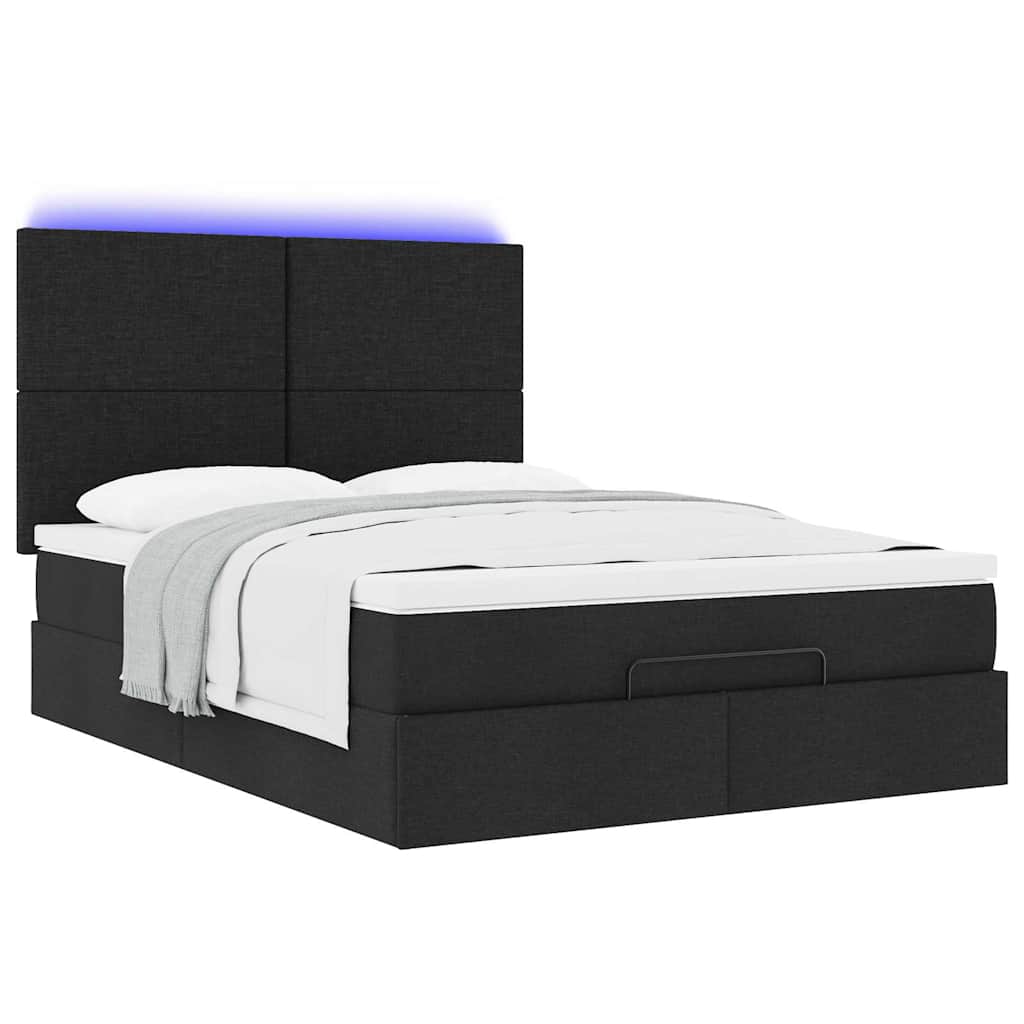 vidaXL Οθωμανικό κρεβάτι με στρώμα & LEDs Μαύρο 140x200 cm Ύφασμα