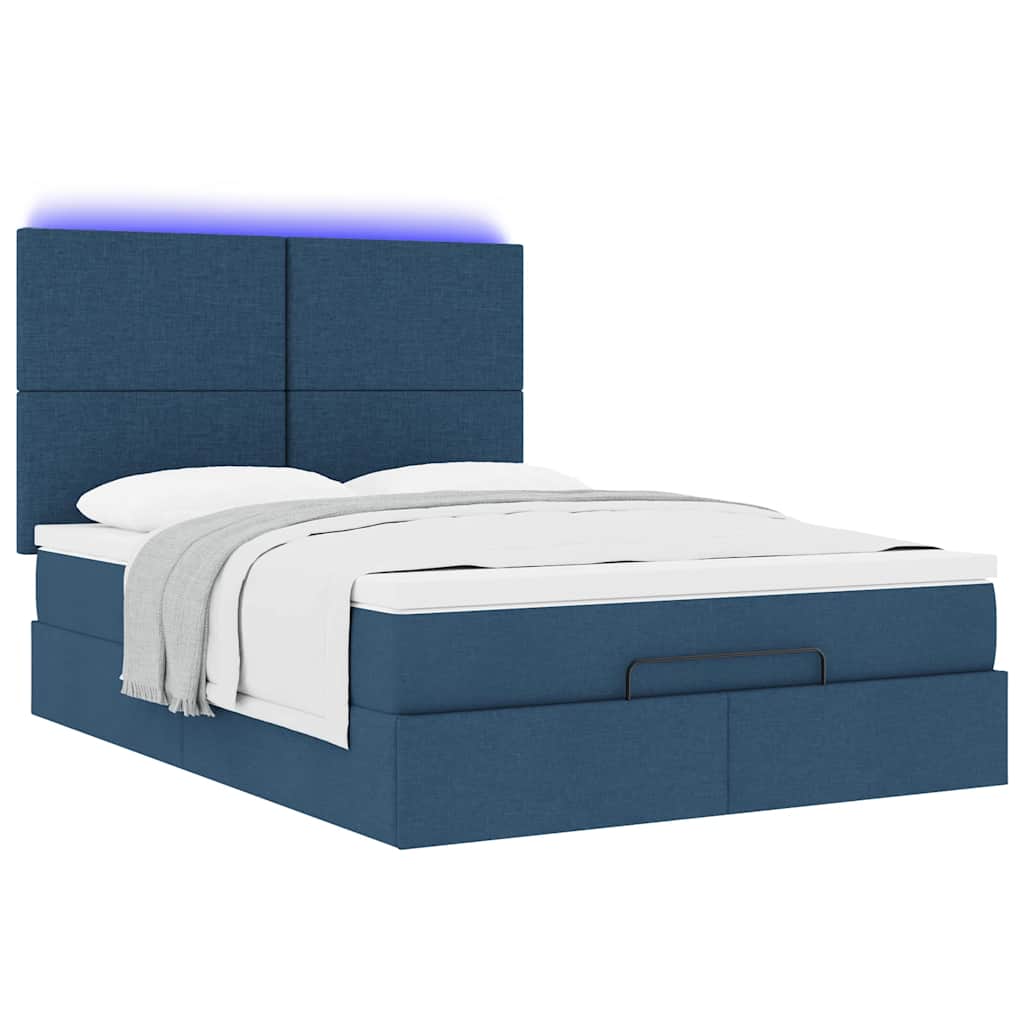 vidaXL Οθωμανικό κρεβάτι με στρώμα & LEDs Μπλε 140x200cm ύφασμα