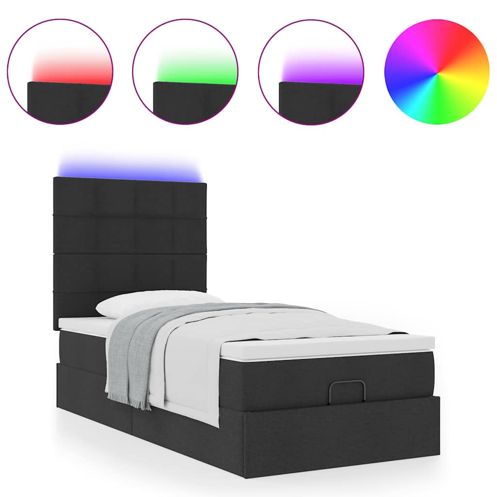 vidaXL Οθωμανικό κρεβάτι με στρώμα & LEDs Μαύρο ύφασμα 90x190cm