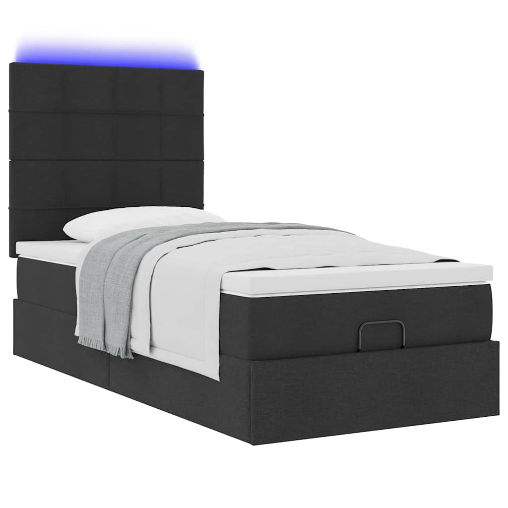 vidaXL Οθωμανικό κρεβάτι με στρώμα & LEDs Μαύρο ύφασμα 90x190cm