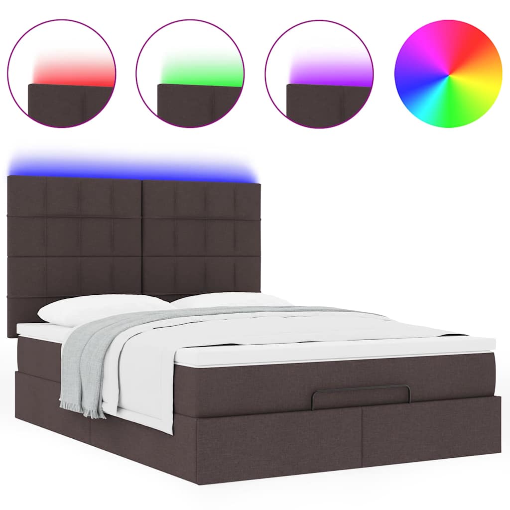 vidaXL Οθωμανικό κρεβάτι με στρώμα & LEDs Σκούρο καφέ 140x190cm Ύφασμα