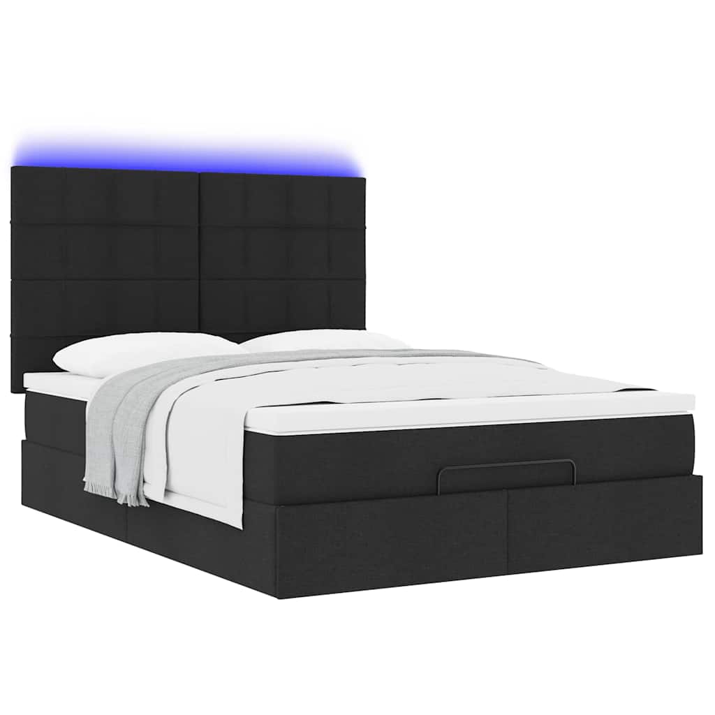 vidaXL Οθωμανικό κρεβάτι με στρώμα & LEDs Μαύρο 140x200 cm Ύφασμα