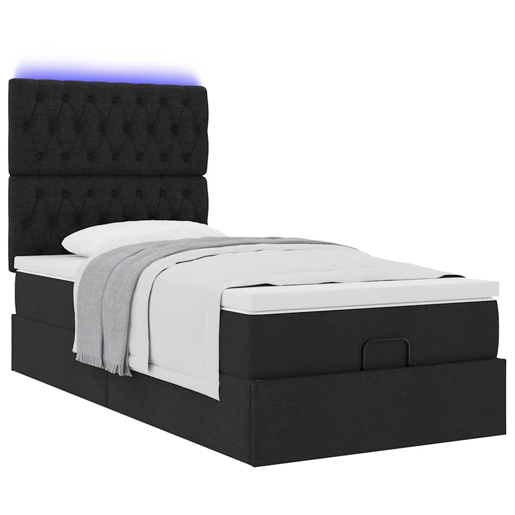 vidaXL Οθωμανικό κρεβάτι με στρώμα & LEDs Μαύρο 90x200 cm Ύφασμα