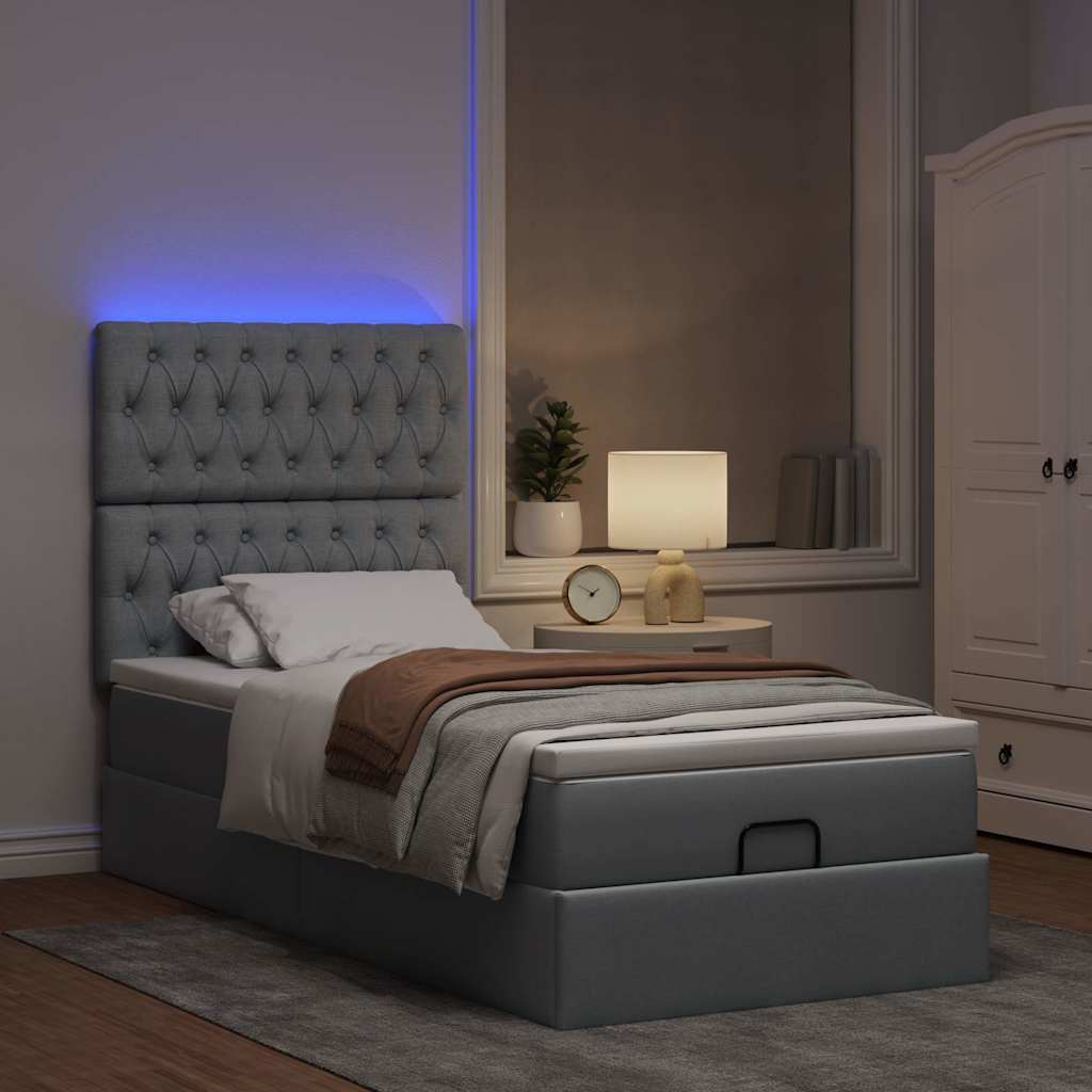 vidaXL Οθωμανικό κρεβάτι με στρώμα & LEDs Ανοιχτό γκρι Ύφασμα