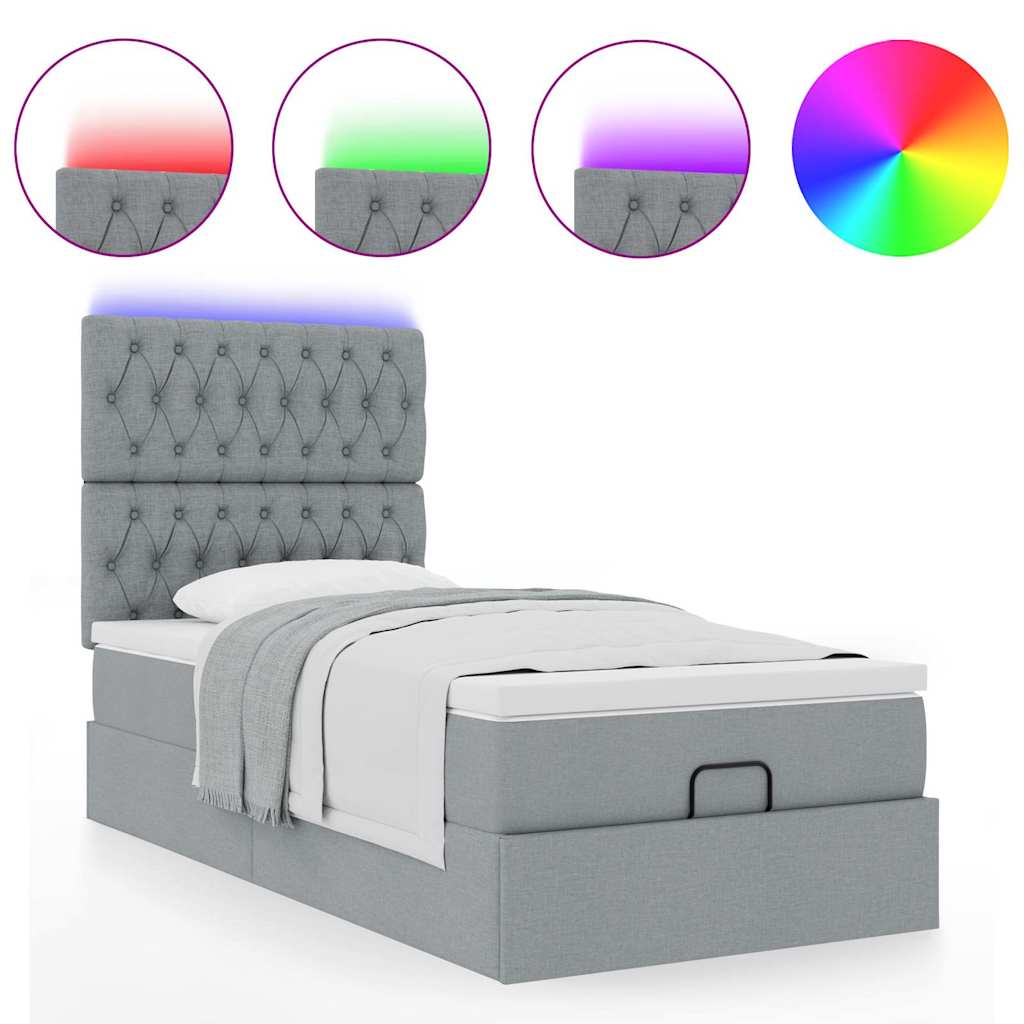 vidaXL Οθωμανικό κρεβάτι με στρώμα & LEDs Ανοιχτό γκρι Ύφασμα