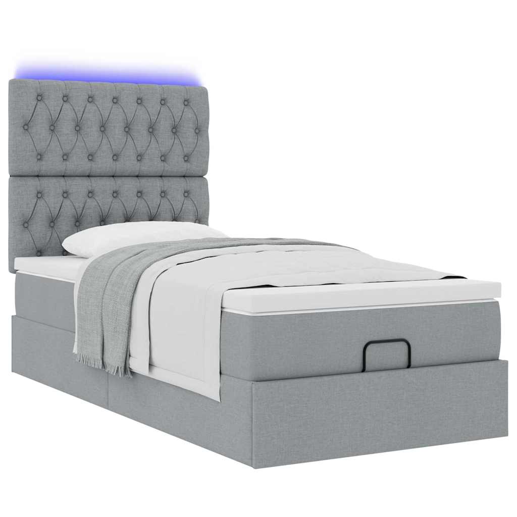 vidaXL Οθωμανικό κρεβάτι με στρώμα & LEDs Ανοιχτό γκρι Ύφασμα